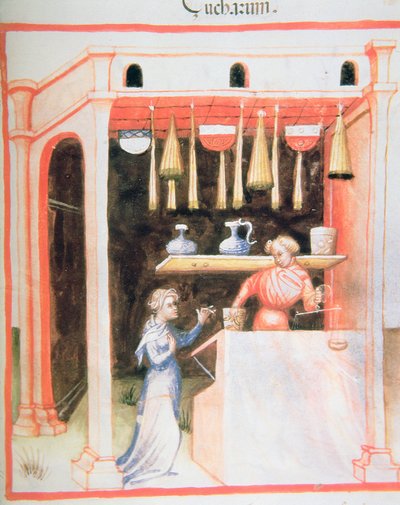 Nova 2644 fol.92r De verkoop van suiker, uit Tacuinum Sanitatis door Italian School